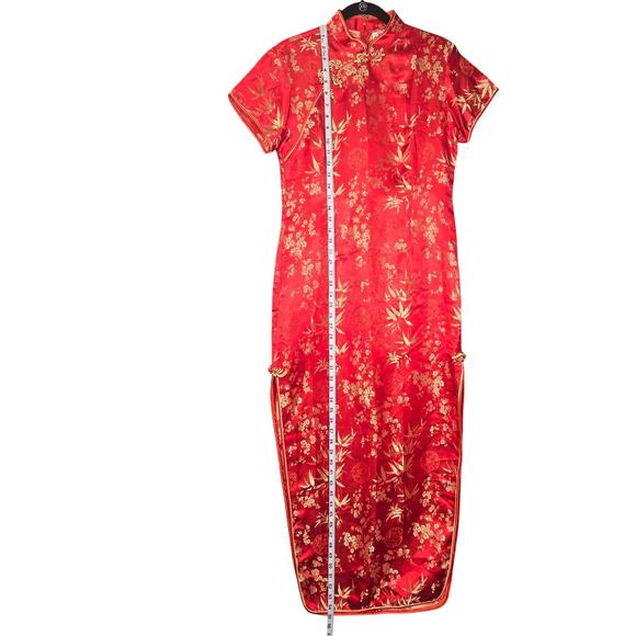 Red Floral Brocade Cheongsam Qipao Dress XL Chinese Traditional Satin Side Slits - Picture 9 of 13